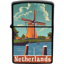 İberk Hollanda - Netherlands - Hand-Paint Ülke Temalı Benzinli Siyah Çakmak