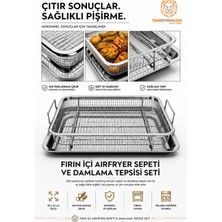 Creatividad Solutions  Fırın Içi Airfryer Sepeti ve Damlama Tepsisi Seti  Fırın Tepsisi Hava Kızartma Sepeti Fırın Tipi Çıtır Sebze Tavuk Patates Kızartma Rafı 30X22 cm 304 Paslanmaz Çelik Inox 723428