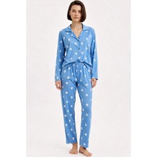 Gamze Ünlü Kadın Mavi Kalp Desenli Yumuşak Süet Dokulu Gömlek Yaka Premium Kışlık Pijama Takımı