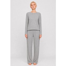 %100 Pamuk Gri Yumuşak Dokulu Fitilli Uzun Kollu Kadın Pijama Takımı