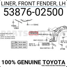 Maher Toyota Corolla 2007-2012 Ön Sağ Çamurluk Davlumbazı (Enjeksiyon Üretim) (Oem No :5387512430)