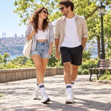 Beruflic Unisex Beyaz Çorap Siyah Çizgili 6'lı Set Uzun Soket Günlük Spor Kolej Stil Rahat Kadın Erkek