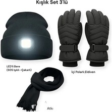 Mustran 3'lü Kış Seti: Kar Kayak Eldiveni + Şarjlı LED Fenerli Bere + Triko Atkı (S/m-L-Xl Beden)