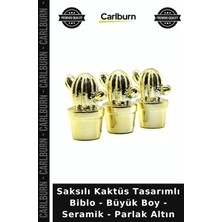 Carlburn Özel Üretim Dekoratif Modern Saksılı Kaktüs Tasarımlı Biblo - Büyük Boy - Seramik - Parlak Altın