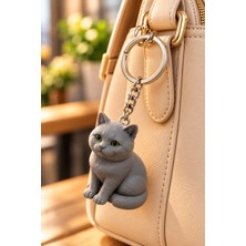 Maygiy Scottish Fold Kedi Anahtarlık 3D Figürlü Gri Kedi Çanta ve Anahtar Süsü