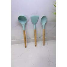 Mythriva Tr Albergio Ahşap Saplı Silikon Mutfak Seti – 32 cm Kaşık-Kepçe-Spatula Mint Yeşili