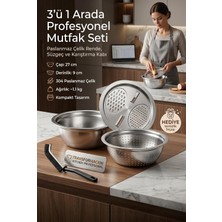 Mythriva Tr 3'ü 1 Arada Profesyonel Mutfak Seti - Paslanmaz Çelik Rende, Süzgeç ve Karıştırma Kabı (27 Cm) 723296
