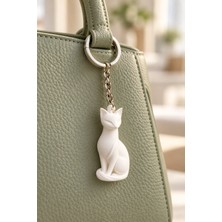 Maygiy Minimal Kedi Anahtarlık 3D Figürlü Beyaz Kedi Çanta ve Anahtar Süsü