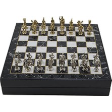 Odea Boy Metal Roma Satranç Takımı Antik ve Sedef Desenli Mdf Ahşap Satranç Tahtası 37X37 cm