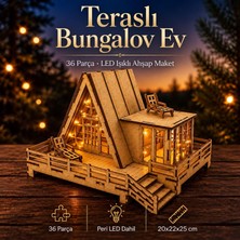 Odea Tr Alg Wood Design Teraslı Bungalov Ev 3D Ahşap Maket | LED Işıklı Dekoratif Minyatür Ev Puzzle | 36 Parça Dıy Yapboz | Zorluk Seviyesi 2 | 20X22X25 cm