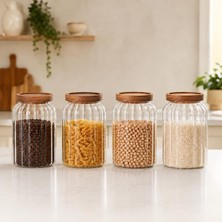 Odea Tr 4'lü 1200 ml Ahşap Kapaklı Cam Kavanoz Seti, Çizgili Şeffaf Erzak Saklama Kabı, Kahve Makarna Bakliyat Kuruyemiş ve Kuru Gıdalar Için Kavanoz Takımı