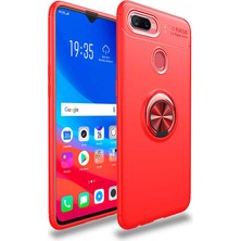 Noktaks Oppo A7X Uyumlu Kılıf Koruyucu Yüzüklü Karbon Ravel Kapak - Kırmızı - T15064