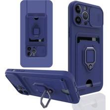 Noktaks iPhone 13 Pro Uyumlu Kılıf Sürgülü Kamera Korumalı Yüzüklü Standlı Pelit Kapak- Lacivert - T18769