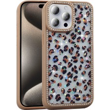 Noktaks iPhone 15 Pro Max Uyumlu Kılıf Taşlı ve Simli Tasarım Azra Kapak - Gold - T37395