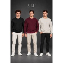 Defy Moda Erkek 3lü Bisiklet Yaka Içi Şardonlu 2 Iplik Düz Uzun Kollu Regular Fit Sweatshirt - Siyah - Bordo - Gri