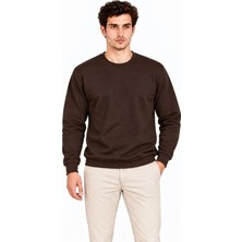 Defy Moda Erkek Bisiklet Yaka Içi Şardonlu 2 Iplik Düz Uzun Kollu Regular Fit Sweatshirt - Kahverengi