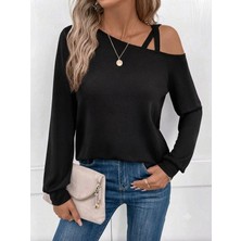 Defy Moda Kadın Uzun Kollu Tek Omuzdan Çapraz Şerit Detaylı Viskon Iki Iplik Bluz
