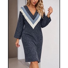 Defy Moda Deri Detaylı V Yaka Fitilli Coton Örme Kumaş Elbise