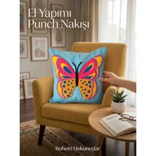 Reyn Handmade El Yapımı Punch Nakışlı Dekoratif Kırlent Kılıfı - Kelebek Desenli (Mavi)