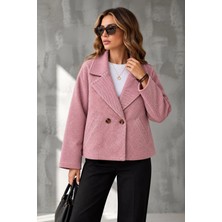 Defy Moda Kruvaze Yaka Çizgili Desenli Astarsız Kaşe Kumaş Kısa Ceket / Kaban
