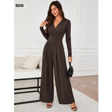 Defy Moda Kadın Uzun Kollu Kruvaze Önden Pileli Yakalı Uzun Janjan Tulum