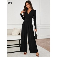 Defy Moda Kadın Uzun Kollu Kruvaze Önden Pileli Yakalı Uzun Janjan Tulum