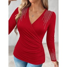 Defy Moda Kadın Uzun Kollu Kruvaze Yakalı Belden Büzgülü Taşlı Viskon Bluz