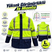 Nzb (1 Adet) Cepli Reflektif L Beden Fosforlu Fermuarlı Kaban Kapüşonlu Parka Sarı Lacivert Kaban Işçi Parkası
