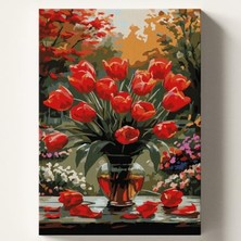 Odea Sayılarla Boyama Tuval Hobi Seti Kırmızı Laleler Temalı Fırça ve Boya Dahil Set (Çıtalı) 50X70 cm Kendin Yap Sayılarla Tuval Boya Kiti (Kasnaklı)