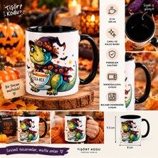 Tişört Kodu Tea-Rex Cadı Halloween Dinozor Tasarımlı Porselen Kupa – Siyah Iç & Kulplu 11 Oz