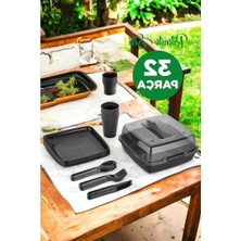 Odea 32 Parça Piknik Seti, Kare Tabak, Çatal, Kaşık, Antrasit Renk