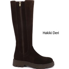 Gönderi(r) Kadın Kahve Süet  Fermuarlı Kauçuk Taban Hakiki Deri Çizme