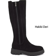 Gönderi(r) Kadın Siyah Süet  Fermuarlı Kauçuk Taban Hakiki Deri Çizme
