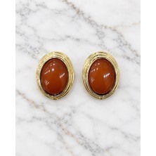 Fm 💎 Premium Parlak ve Şık Gold Renk Kahve Oval Taşlı Kadın Çelik Küpe