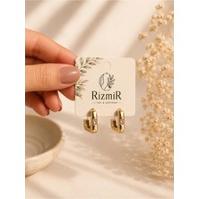 Rizmir Gold Kare Taş Detaylı Geometrik Halka Kadın Küpe