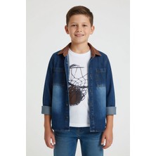 Cansın Mini Lacivert Erkek Çocuk Baskılı Kısa Kol Tişörtlü Jean Gömlek 2li Takım 24513