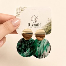 Rizmir Gold Yeşil Desenli Yuvarlak Sallantılı Kadın Küpe