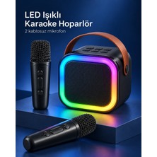 Çift Kablosuz Mikrofonlu LED Işıklı Bluetooth Karaoke Hoparlör Seti - Lisinya