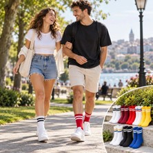 MTM My The Mall Giyim Unisex Renkli Çorap Çizgili 8'li Set Uzun Soket Günlük Spor Kolej Stil Rahat Şık Kadın Erkek Çorabı