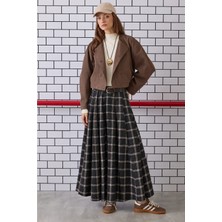 Madmext Siyah Ekose Desenli Kemerli Pileli Kadın Etek MG2925