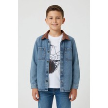 Cansın Mini Mavi Erkek Çocuk Baskılı Kısa Kol Tişörtlü Jean Gömlek 2li Takım 24512