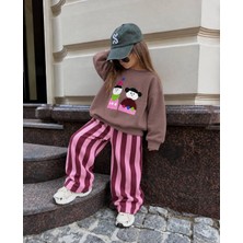 KR Kids Kız Çocuk Nakışlı Sweatshirt Pembe Bordo Çizgili Pantolon 2’li Takım