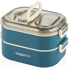 Odea Vagonlife Bento 1000ML Lunchbox Çift Katlı 3 Bölmeli Çelik Sefer Tası Yemek Kutusu (Lacivert)