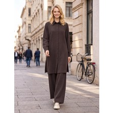 Nuss 1096 Uzun Tunik Detay Kendinden Desenli Takım Kahve