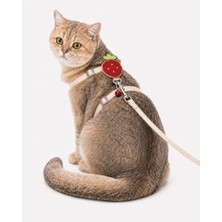 Odea Çilek Figürlü Zilli Kedi Göğüs Tasması ve Gezdirme Kayışı Seti, Ayarlanabilir Göğüs Tasması ve Gezdirme Ipi, Günlük Gezi ve Yürüyüş Için (Bej)