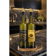 Universal Zeytinyağı ve Ayçiçek Yağı Şişesi Seti, Altın Etiket ve Yağdanlık Aparatlı, Ahşap Standlı 750 Ml, 2 Adet, Yeşil Cam Şişe (Standlı, Altın)