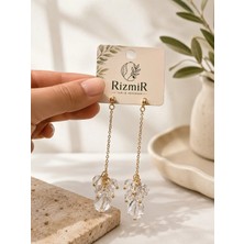 Rizmir Gold Renk Şeffaf Kristal Boncuklu Uzun Zincir Sallantılı Kadın Küpe