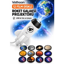 Universal 12 Film Diskli Roket Galaksi Projektörü USB Tak Çalıştır Uzay ve Gezegen Projeksiyon Gece Lambası