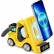 Fumeyabi T20 15W 5'i 1 Arada Magsafe Kablosuz Şarj Istasyonu, Dijital Saatli Forklift Tasarım, iPhone 16/15/14/13/12, Apple Watch, Airpods Uyumlu Masaüstü Hızlı Şarj Standı (Sarı)