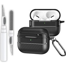 Fumeyabi Airpods Pro 3. Nesil Uyumlu Karbon Fiber Hybrid Polymer Technology Premium Kulaklık Kılıfı ve 3'ü 1 Arada Bluetooth Kulaklık Temizleme Kalemi Seti (Siyah)
